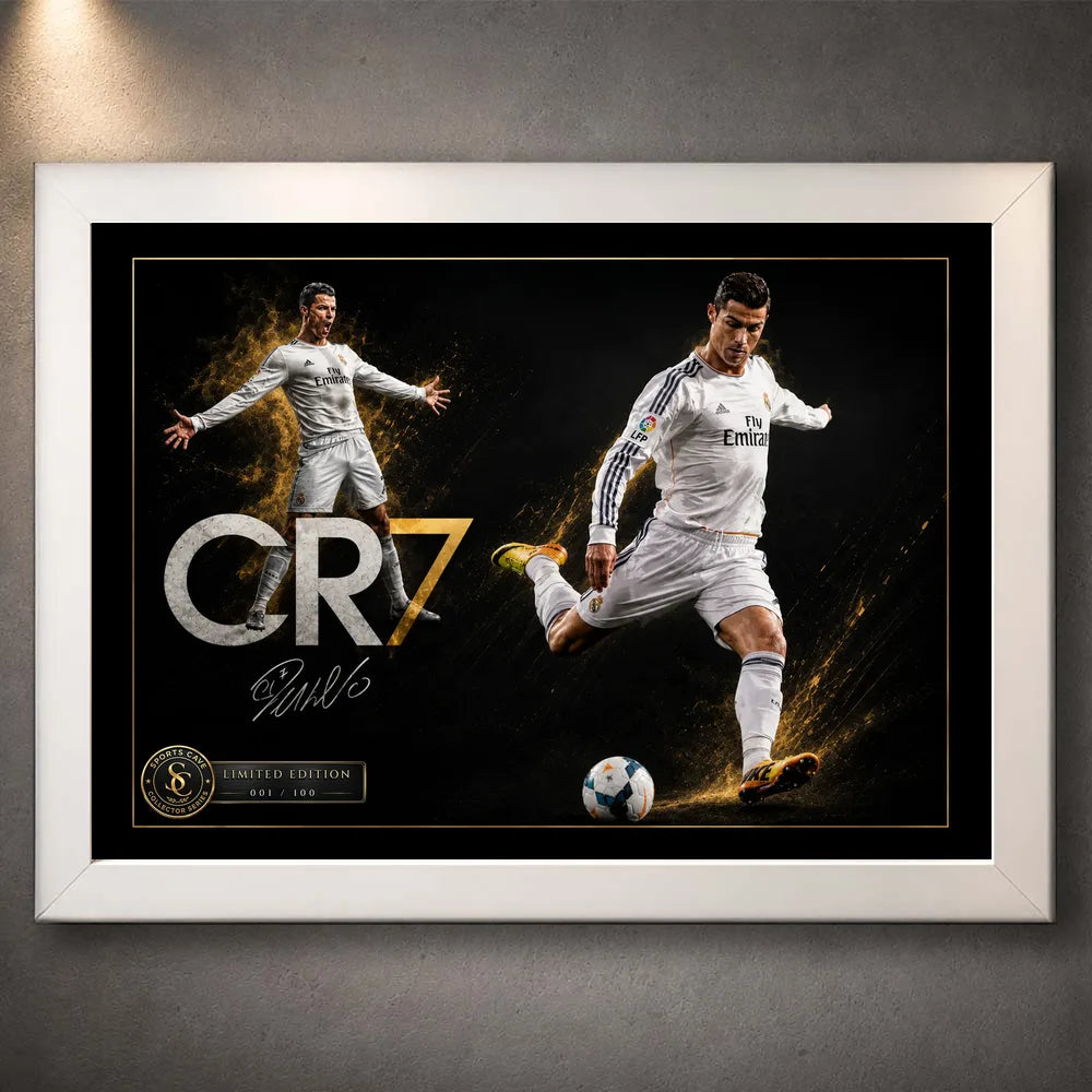 Cristiano Ronaldo CR7 soccer wall art displayed in a clean white frame against a softly lit grey wall.