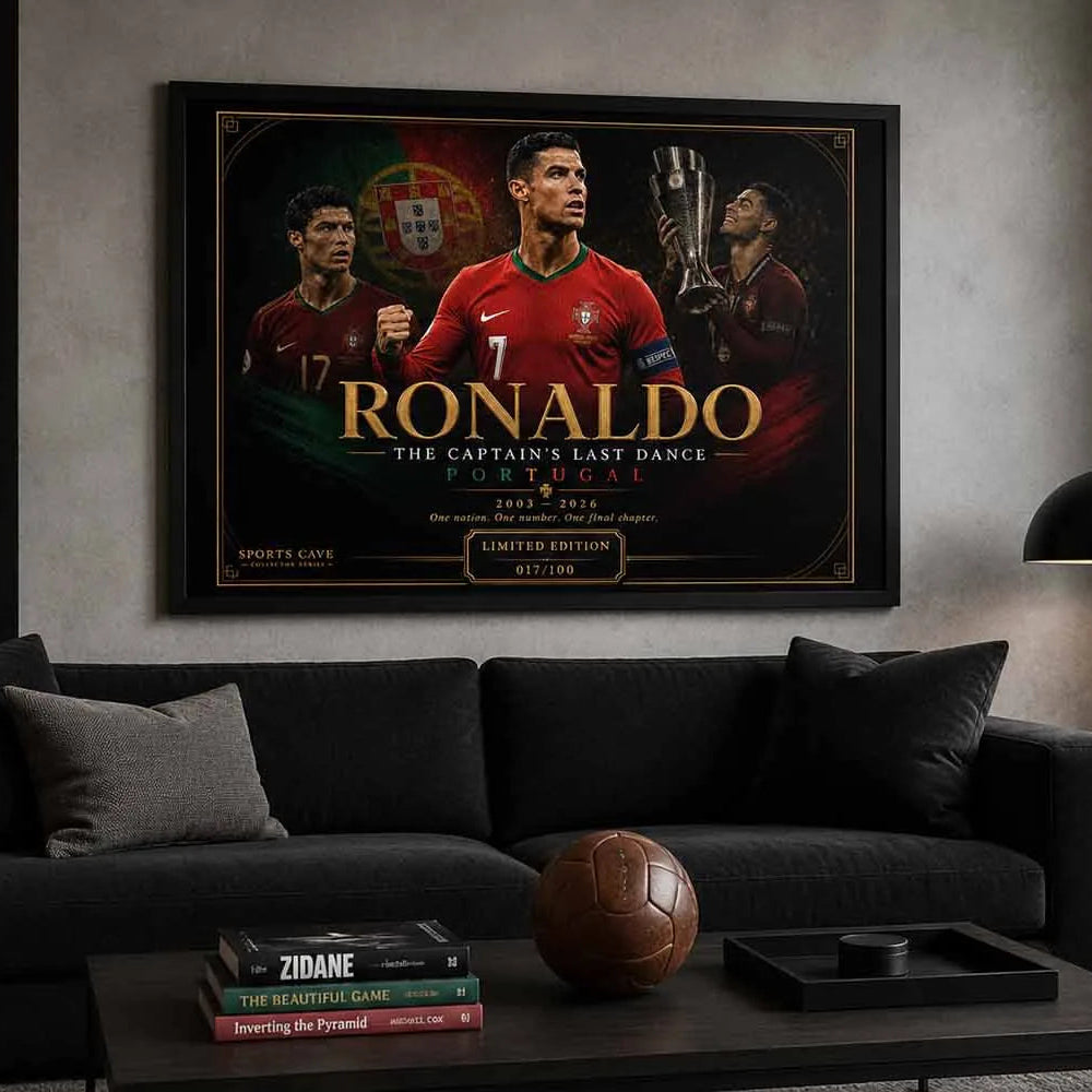 Cristiano Ronaldo Portugal sports wall art showcased in a luxury modern man cave with football décor.