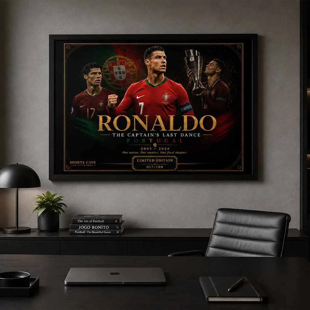 Cristiano Ronaldo framed sports wall art displayed in a modern office with premium football décor styling.
