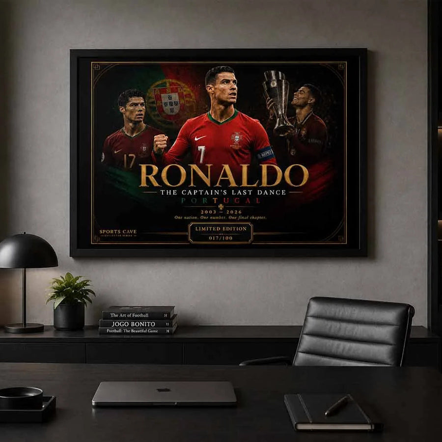 Cristiano Ronaldo framed sports wall art displayed in a modern office with premium football décor styling.
