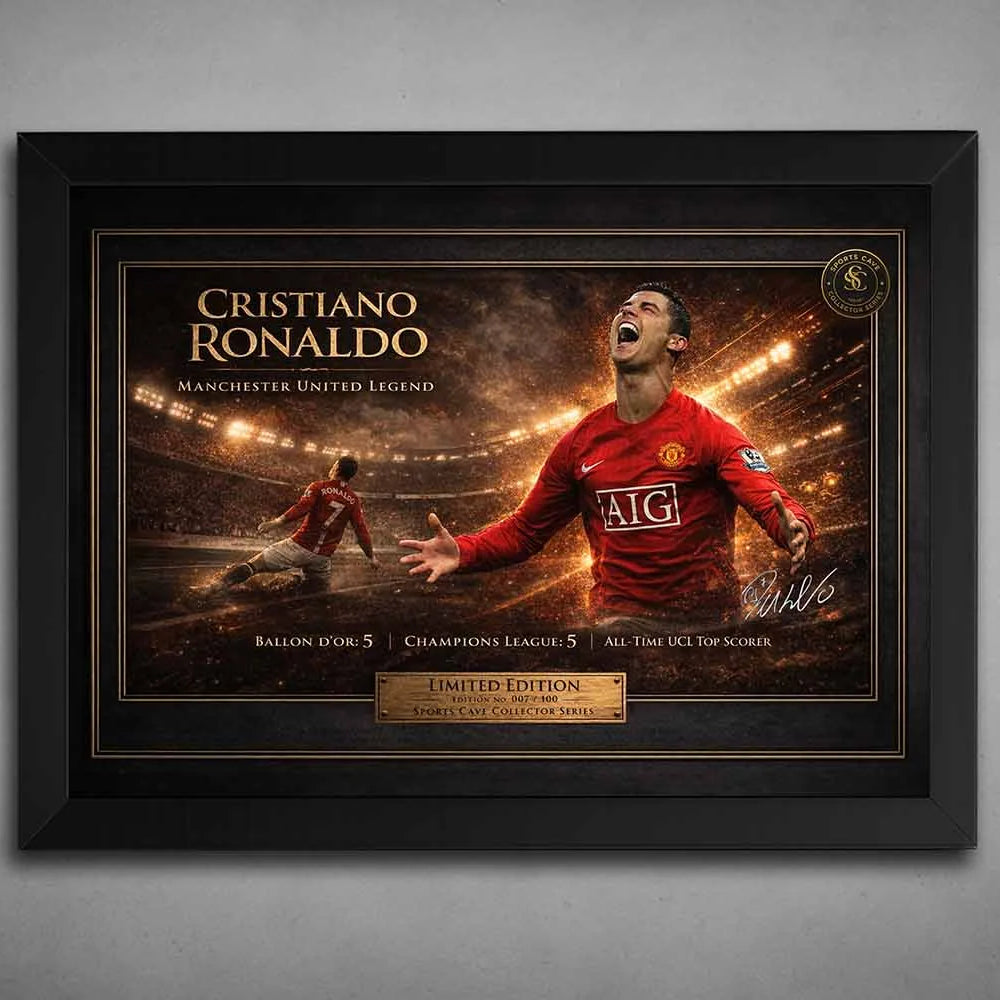 Black frame mockup of Cristiano Ronaldo's limited edition framed soccer sports wall art, highlighting his Manchester United legacy and achievements.