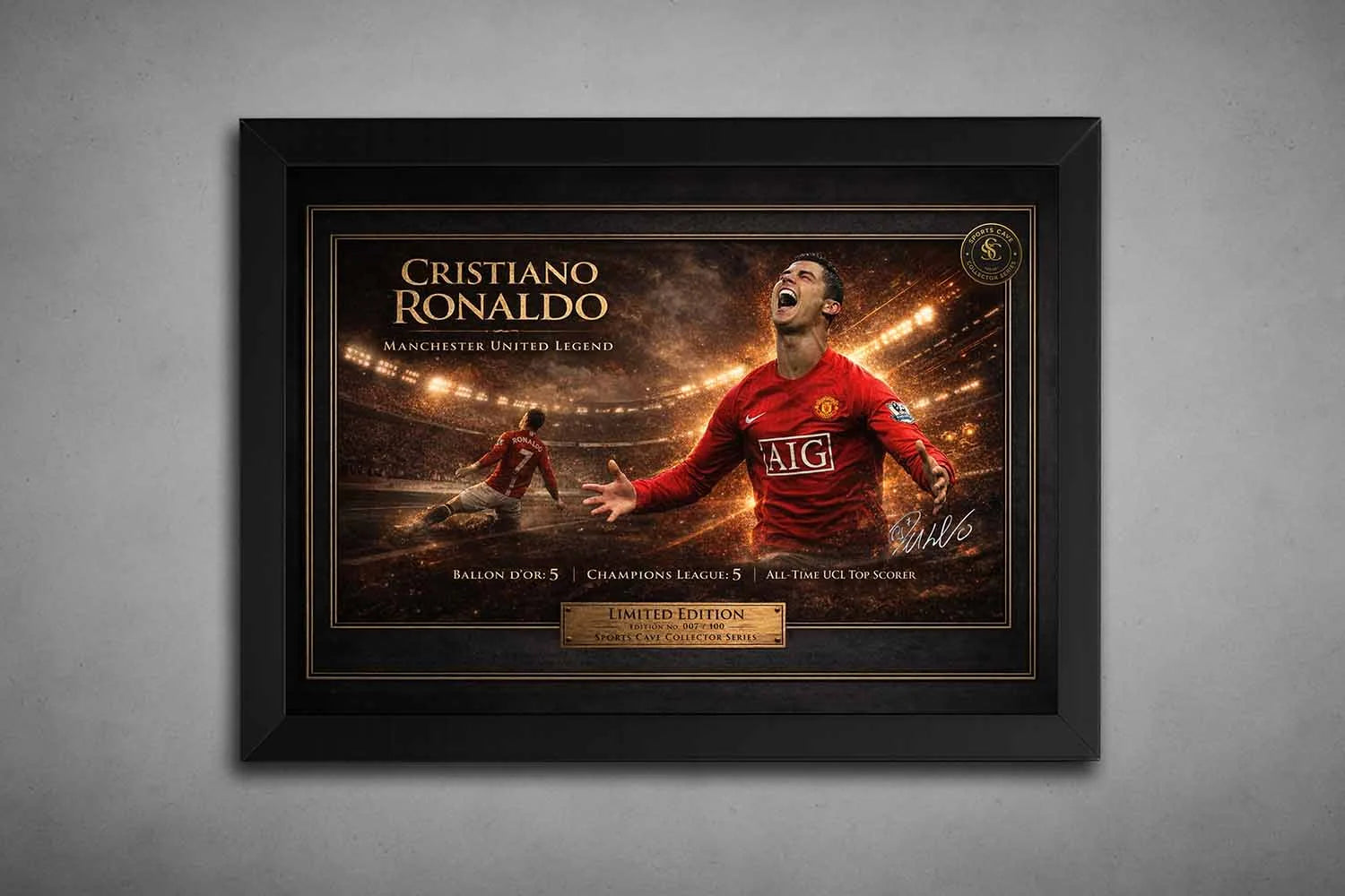 Black frame mockup of Cristiano Ronaldo's limited edition framed soccer sports wall art, highlighting his Manchester United legacy and achievements.
