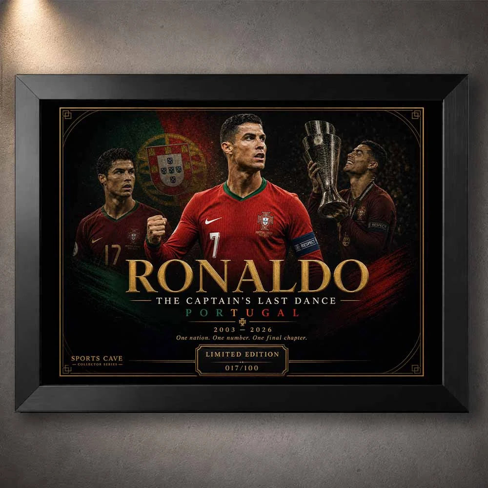 Cristiano Ronaldo Portugal collector series soccer poster in a sleek black frame featuring iconic national team imagery, championship trophy visuals, and cinematic gold detailing.