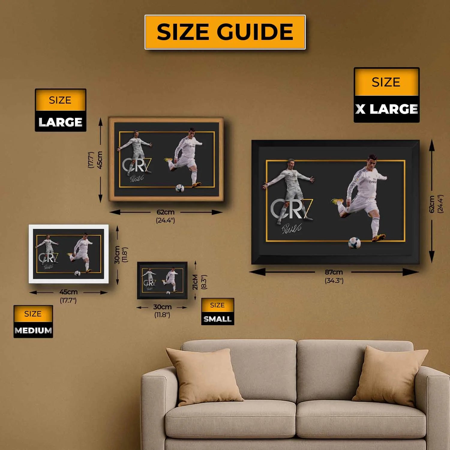 CR7 Ronaldo wall art size guide showing framed sizes from small to extra large.