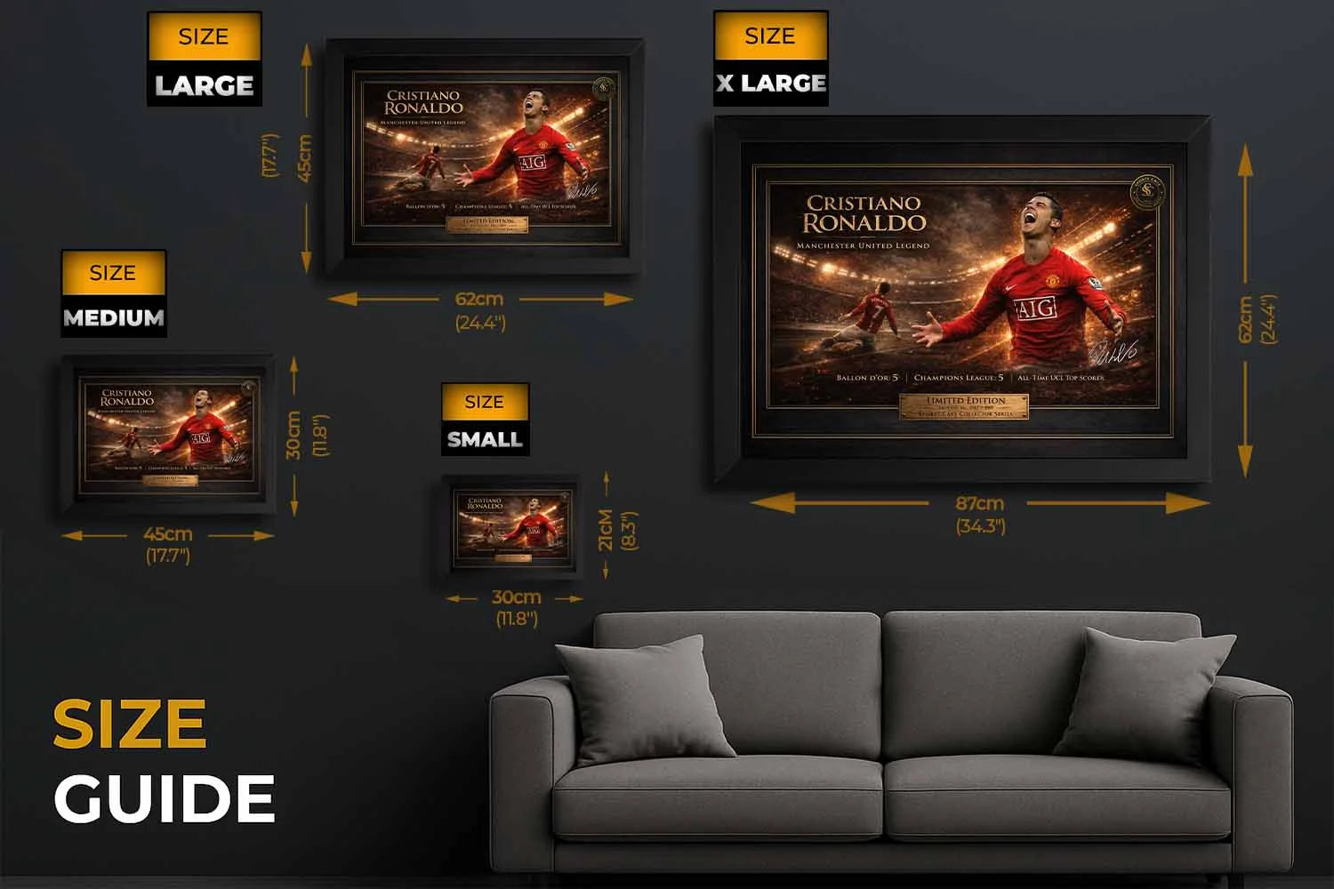 Size guide featuring different framed sizes for Cristiano Ronaldo's limited edition soccer sports wall art, including small, medium, large, and extra-large options.
