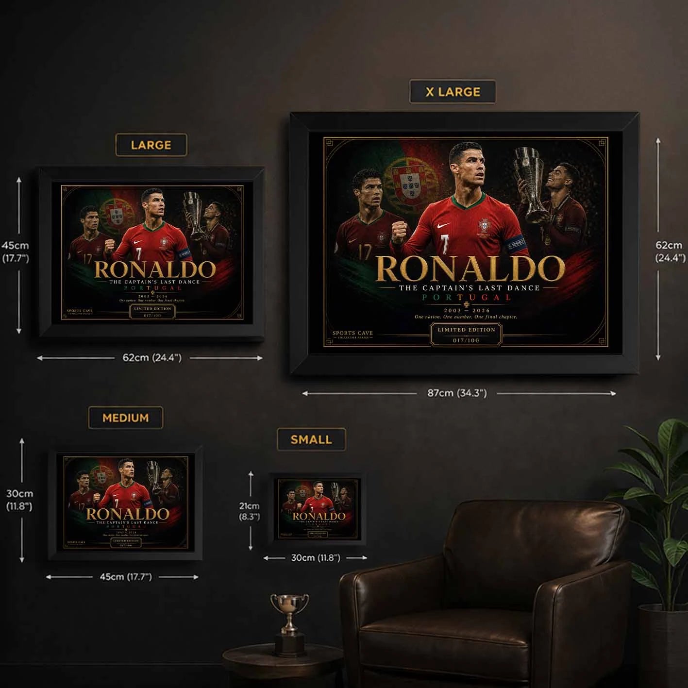 Sports Cave Cristiano Ronaldo soccer wall art size guide displaying small, medium, large, and extra large framed poster dimensions for home, office, and man cave decor.