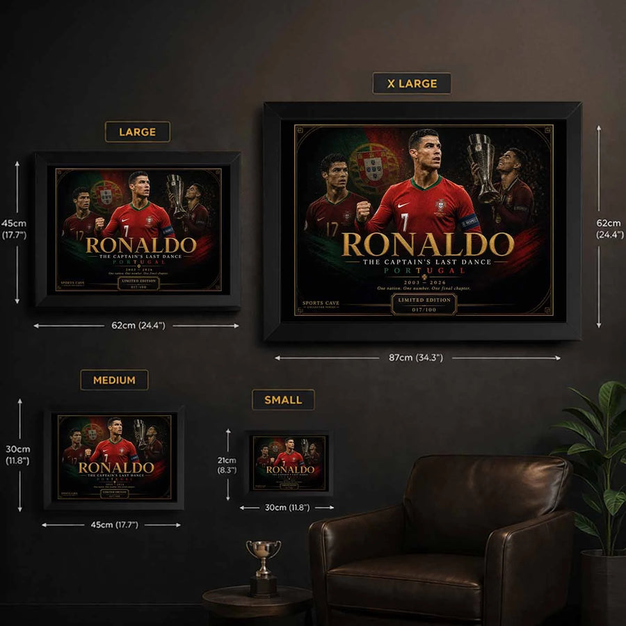 Sports Cave Cristiano Ronaldo soccer wall art size guide displaying small, medium, large, and extra large framed poster dimensions for home, office, and man cave decor.
