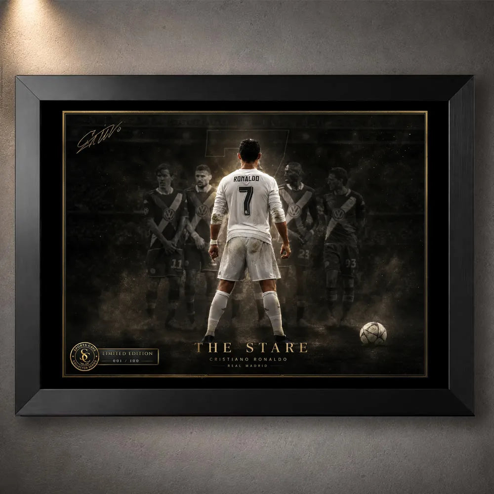 Cristiano Ronaldo Free Kick Wall Art in a black frame, showing The Stare artwork with dark stadium-style detail