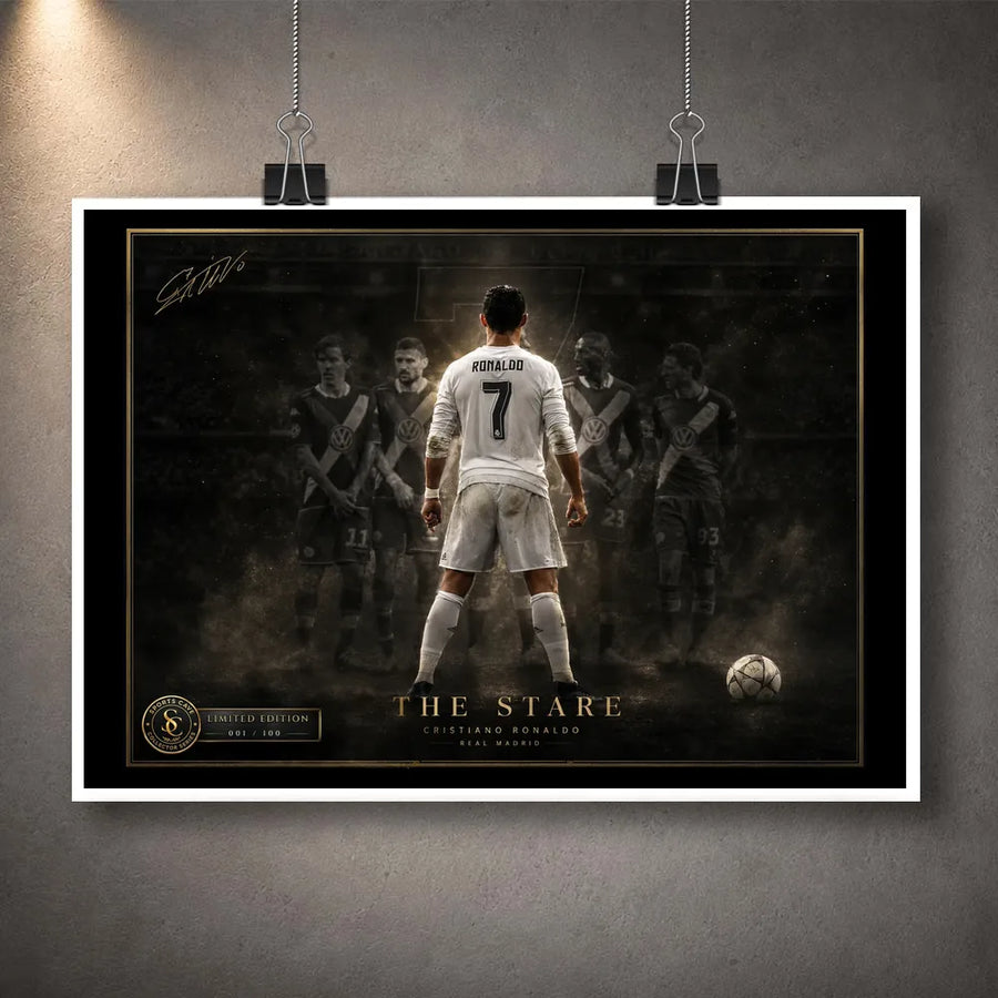 Unframed Cristiano Ronaldo Free Kick Wall Art hanging with clips, showing the dark The Stare football artwork