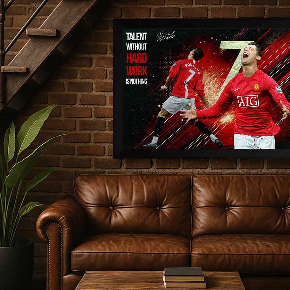Cristiano Ronaldo framed sports art with motivational quote displayed in a modern man cave, ideal for premium sports wall art collectors.