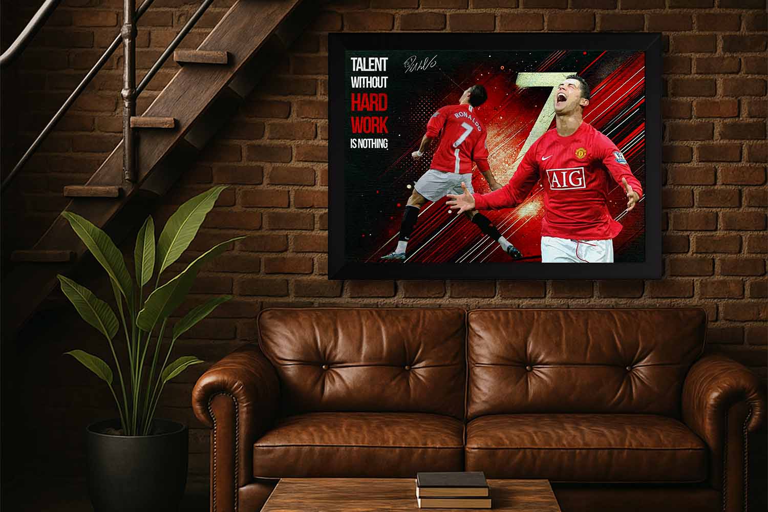 Cristiano Ronaldo framed sports art with motivational quote displayed in a modern man cave, ideal for premium sports wall art collectors.