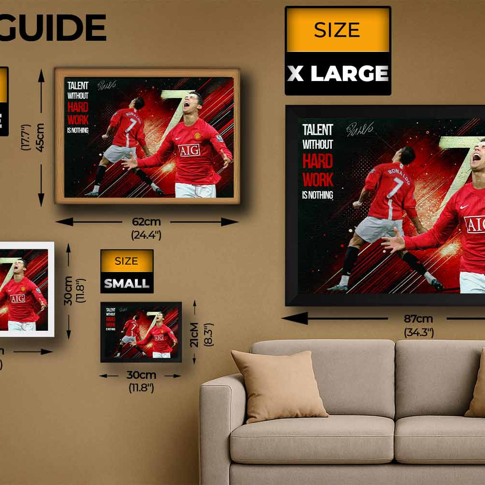Cristiano Ronaldo framed sports wall art size guide showing four available print dimensions for premium man cave wall décor.