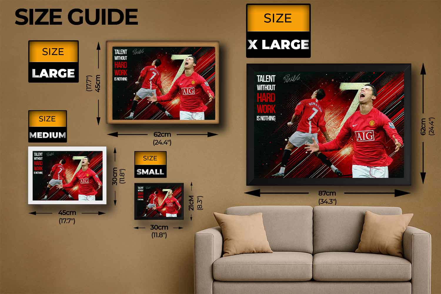 Cristiano Ronaldo framed sports wall art size guide showing four available print dimensions for premium man cave wall décor.