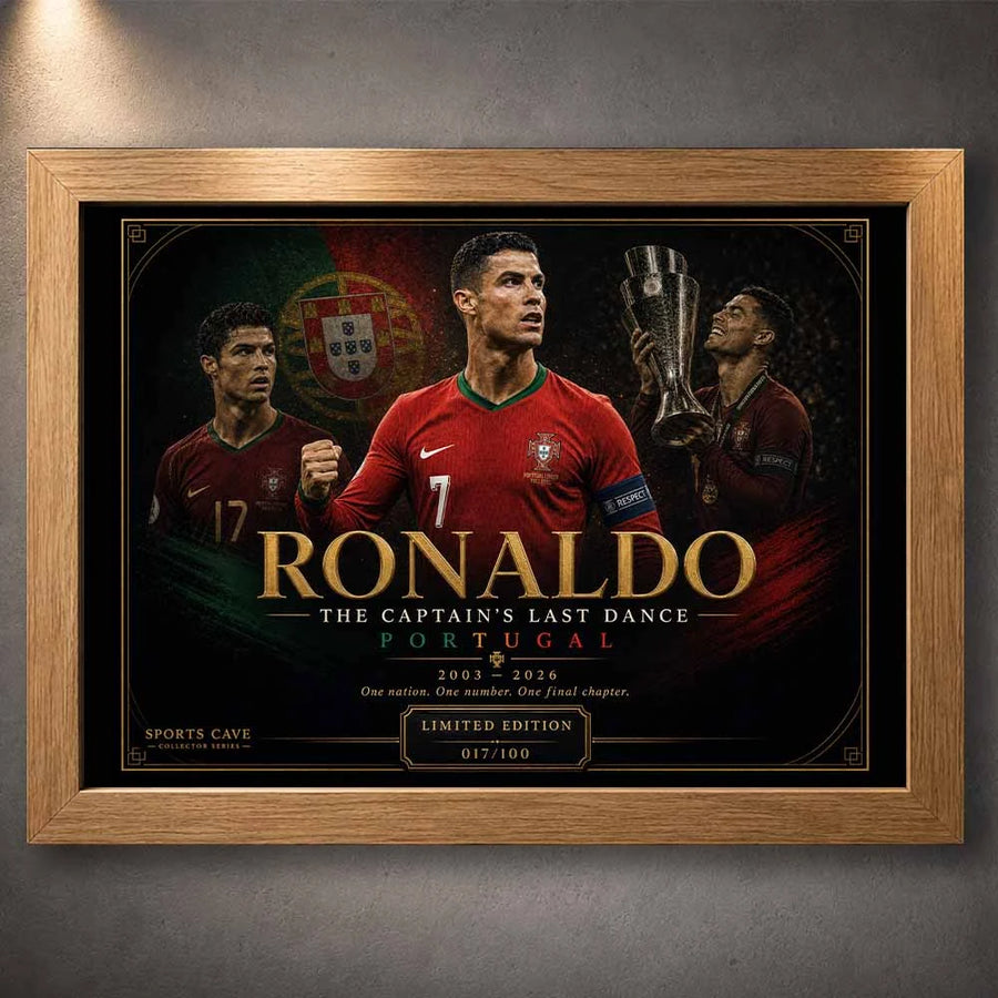 Cristiano Ronaldo Portugal sports wall art in a natural oak wooden frame showcasing premium football poster design with trophy imagery, dark luxury background, and collector edition styling.