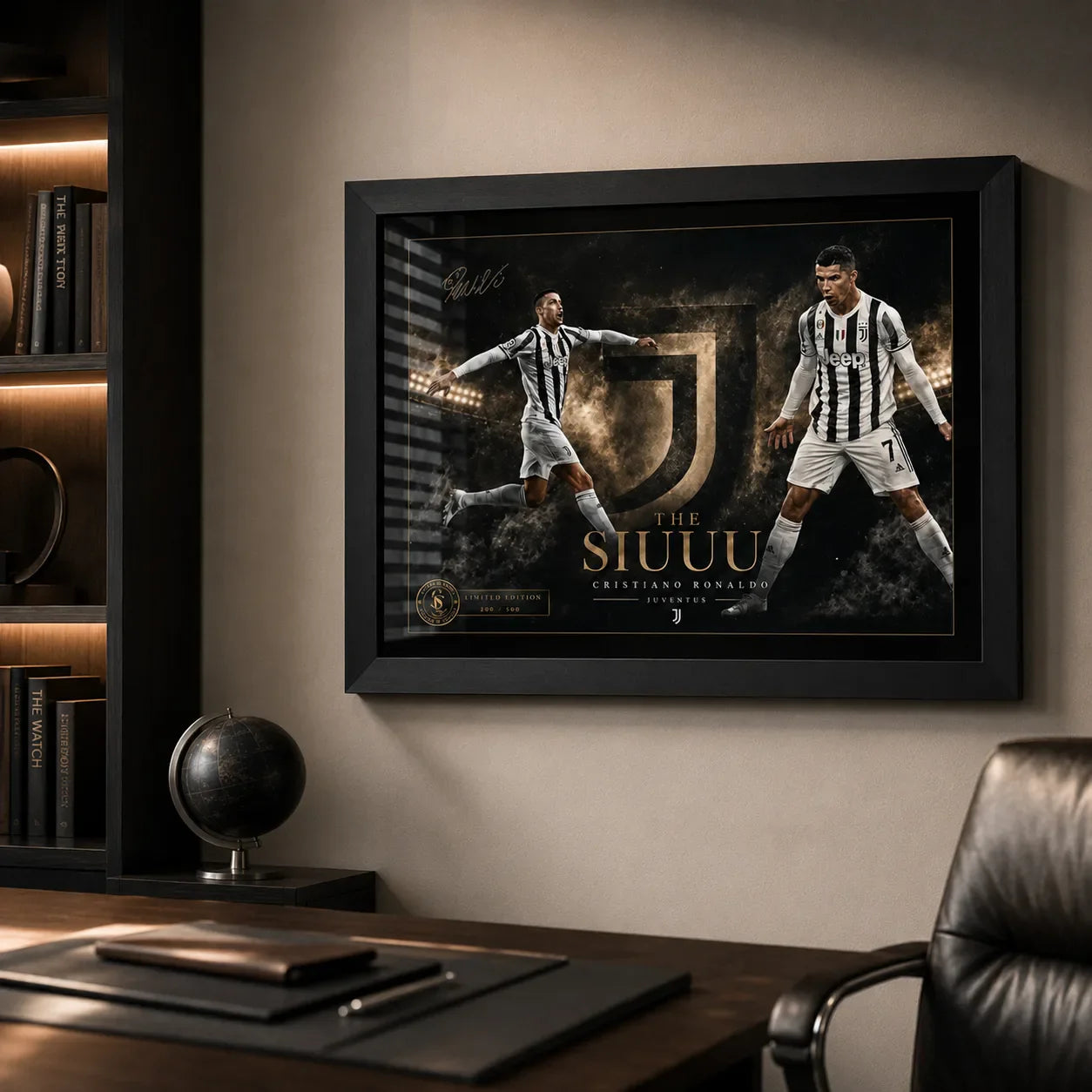 Cristiano Ronaldo Siuuu black framed soccer wall art displayed in a premium office setting