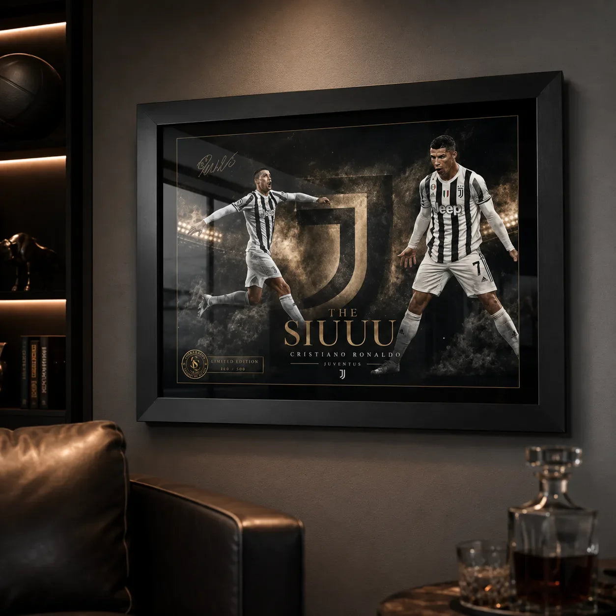 Cristiano Ronaldo Siuuu black framed soccer wall art displayed in a dark man cave with warm shelving