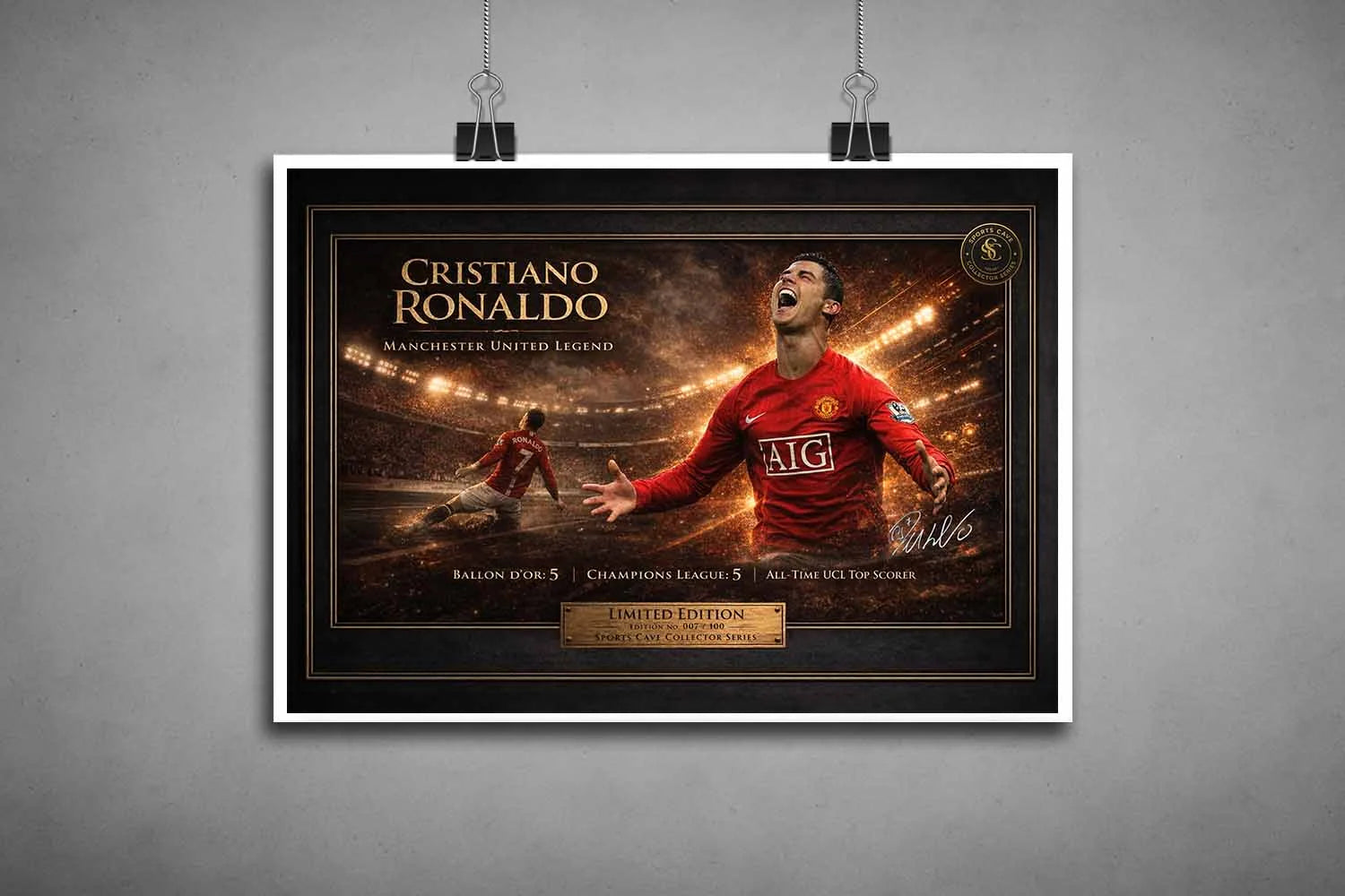 Unframed mockup of Cristiano Ronaldo's limited edition sports wall art, capturing his dynamic Manchester United moment and elite accomplishments.