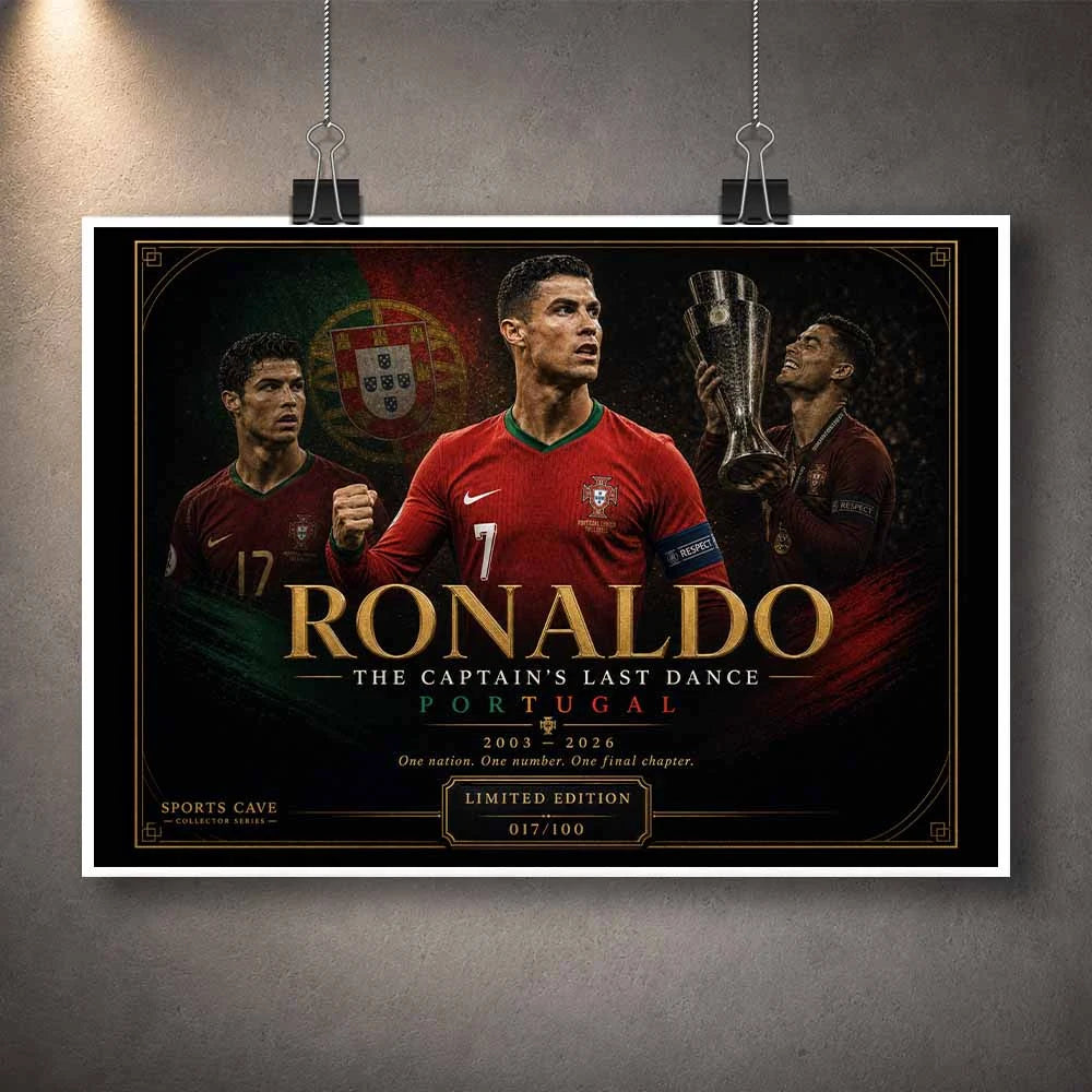 Unframed Cristiano Ronaldo Portugal limited edition soccer poster featuring cinematic sports artwork, gold typography, national team visuals, and premium collector-inspired design.