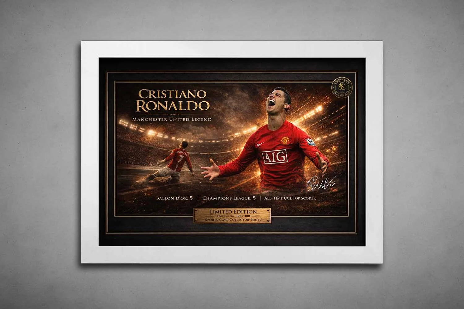White frame mockup showcasing Cristiano Ronaldo’s Manchester United framed sports wall art, a tribute to his achievements and legacy.