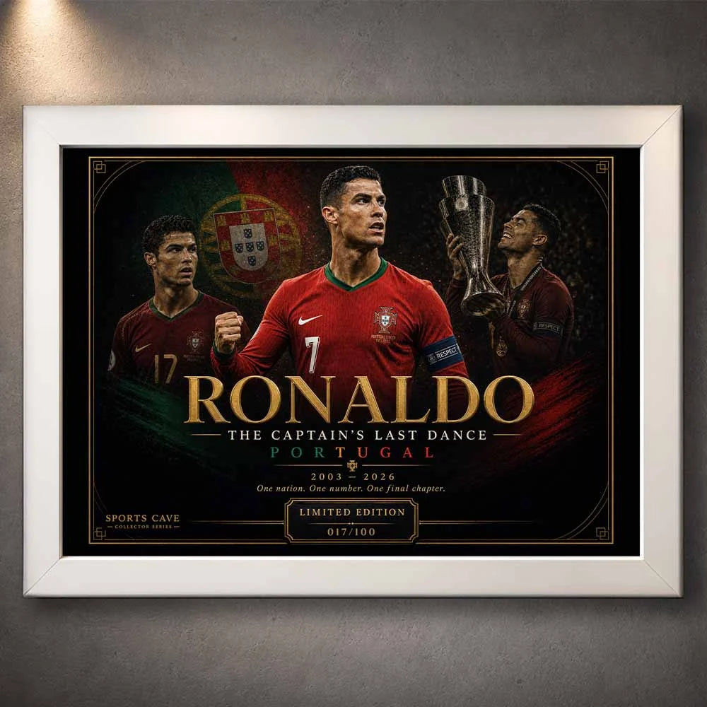 Cristiano Ronaldo Portugal limited edition soccer wall art in a premium white frame featuring dramatic red and black tones, trophy celebration scenes, and luxury collector-style typography.