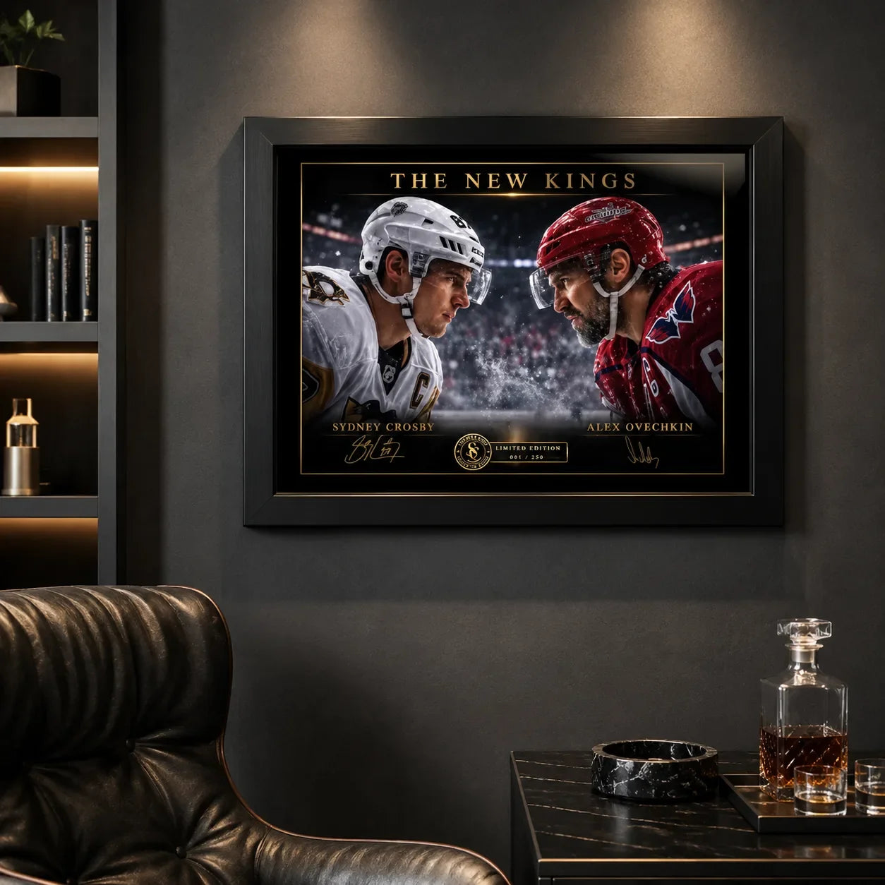 Black-framed Sidney Crosby and Alex Ovechkin rivalry artwork displayed in a dark premium man cave with spotlights.