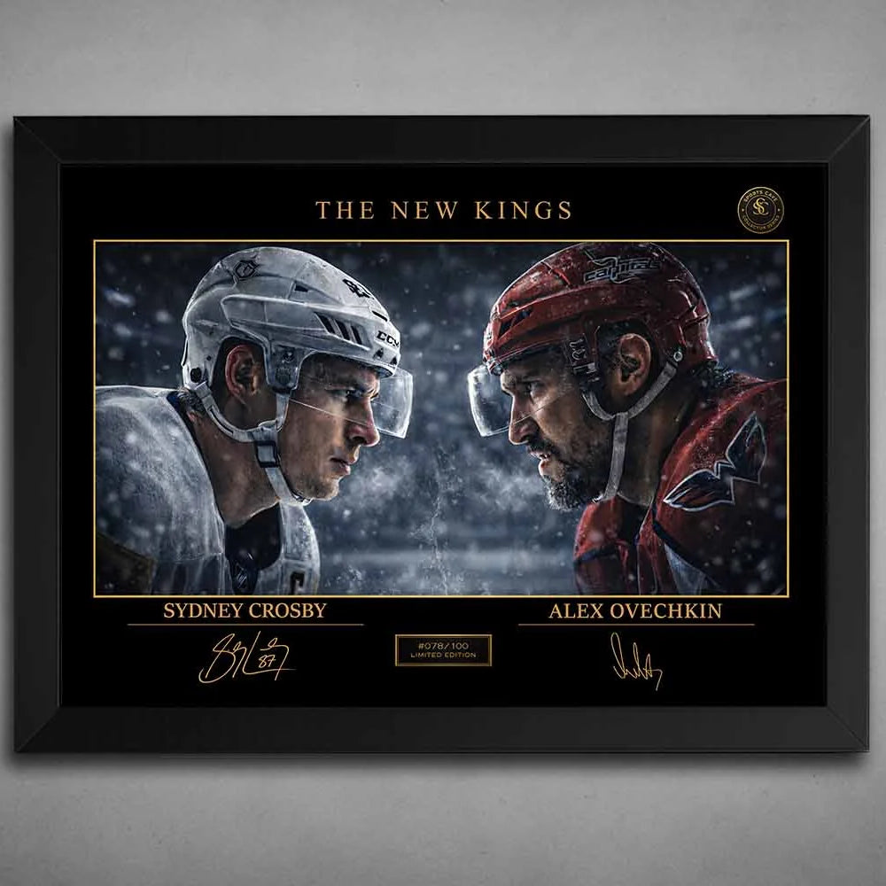 Sydney Crosby vs Alex Ovechkin face-off artwork in black frame, intense NHL rivalry captured as premium sports collectibles
