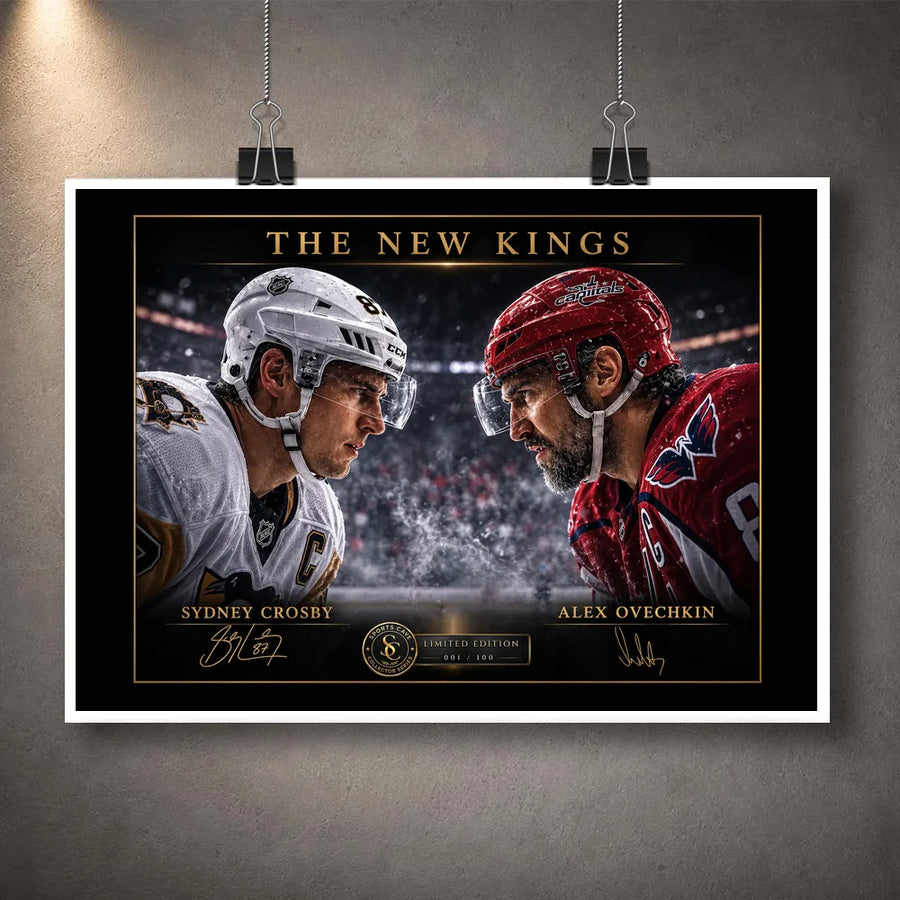 Unframed Sidney Crosby and Alex Ovechkin face-off print, presented as limited edition hockey wall art.