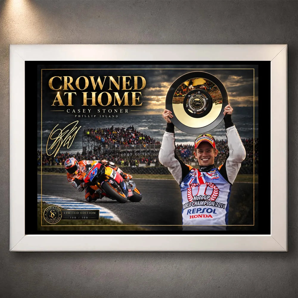 White framed Casey Stoner wall art showing the Crowned at Home Phillip Island MotoGP tribute.