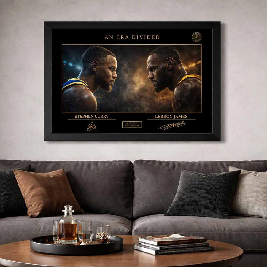 Curry vs LeBron framed piece displayed above a modern sofa, refined man cave wall décor with warm tones and collector appeal.