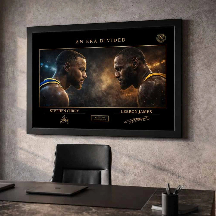 Stephen Curry and LeBron James artwork in a luxury office setting, framed sports art built for a clean executive space.