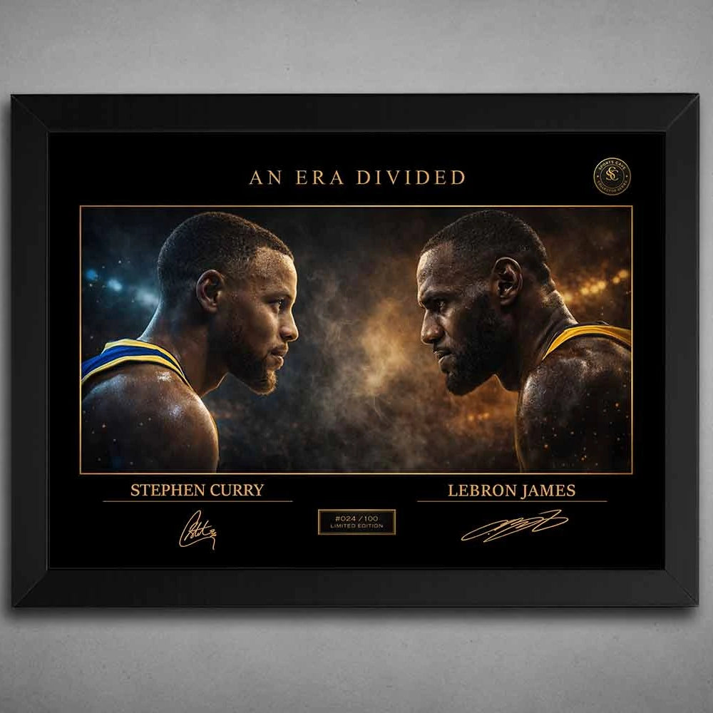 Stephen Curry vs LeBron James rivalry artwork in a sleek black frame, premium sports wall art capturing an era-defining clash.
