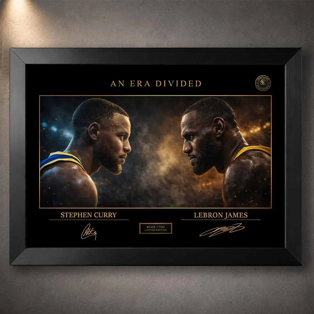 Stephen Curry vs LeBron James rivalry artwork in a sleek black frame, premium sports wall art capturing an era-defining clash.