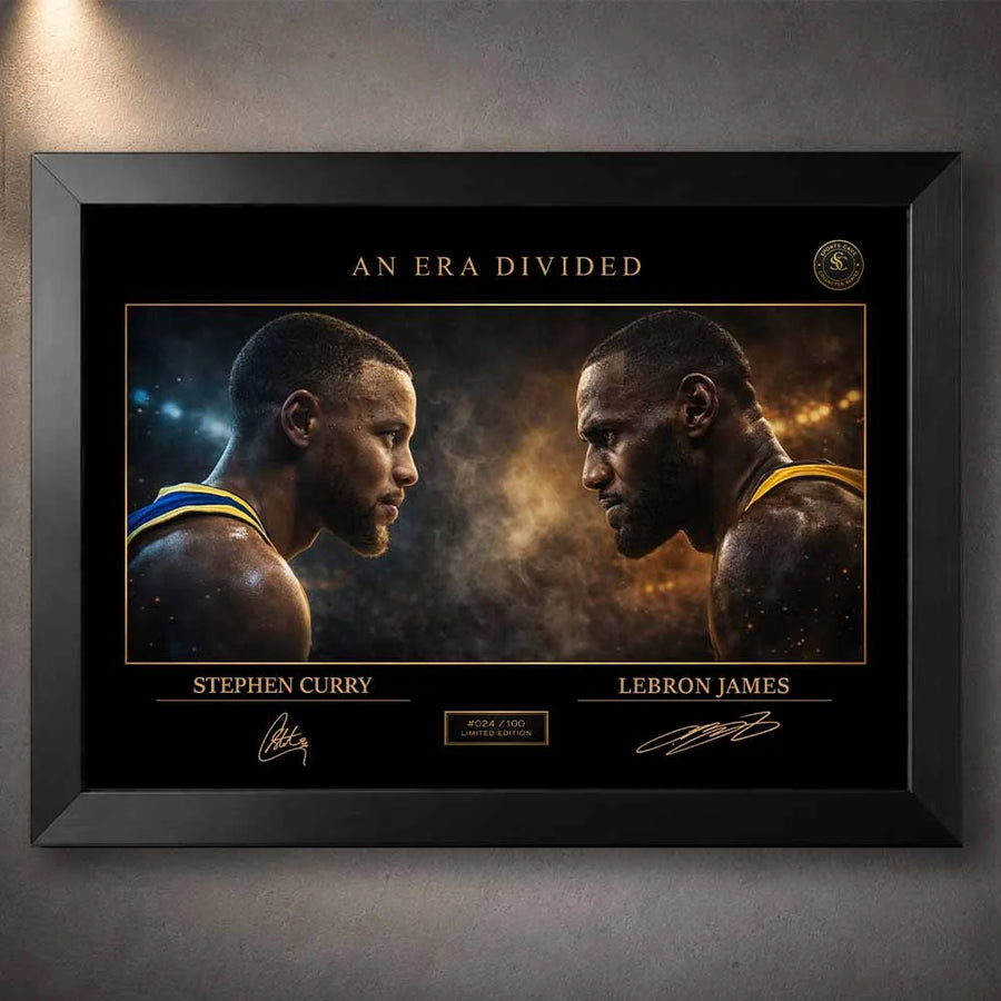 Stephen Curry vs LeBron James rivalry artwork in a sleek black frame, premium sports wall art capturing an era-defining clash.