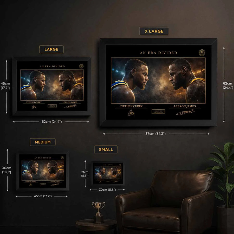 Curry vs LeBron NBA artwork size guide showing multiple frame dimensions, perfect limited edition sports prints for any room.