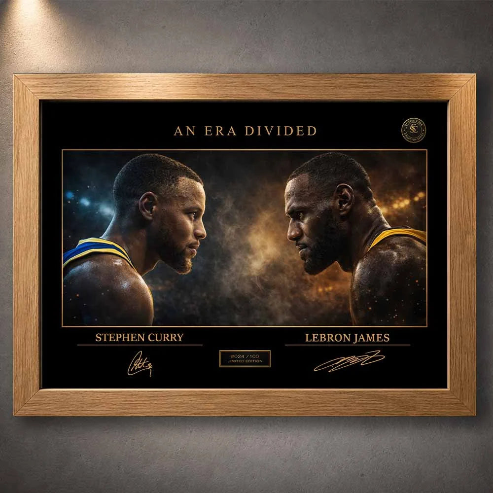 Curry vs LeBron rivalry artwork in a natural oak frame, premium sports collectibles piece with a warm, timeless finish.