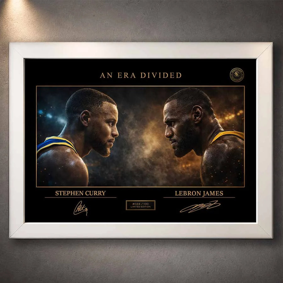 Curry vs LeBron artwork in a crisp white frame, clean sports wall art that highlights contrast and championship rivalry.