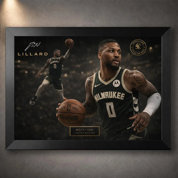 Black framed Damian Lillard Bucks NBA wall art showing game action artwork with dark arena tones and gold edition details.