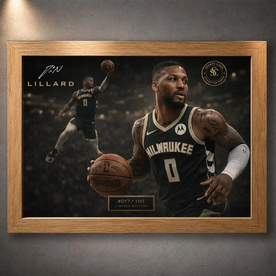 Oak framed Damian Lillard Bucks NBA wall art with warm wood finish, dark arena artwork, and gold collector details.