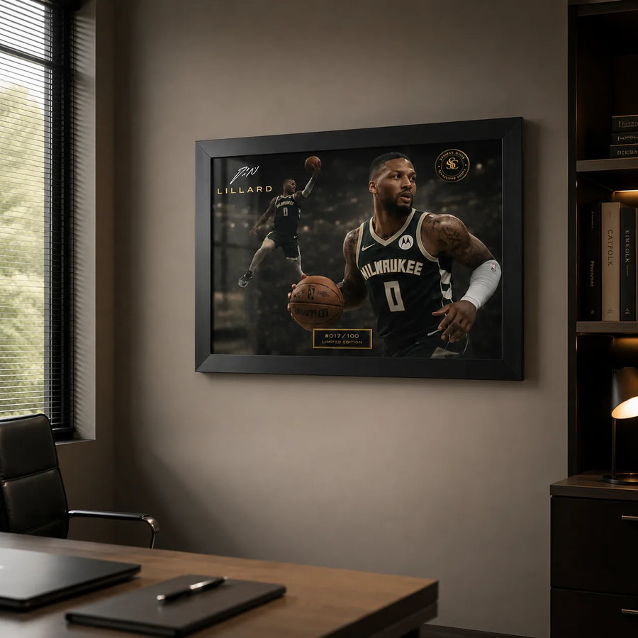 Damian Lillard Bucks NBA wall art displayed in a modern office above a desk, with dark shelving and soft window light.