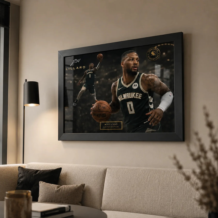 Damian Lillard Bucks NBA wall art shown framed above a sofa in a neutral room with warm lighting.