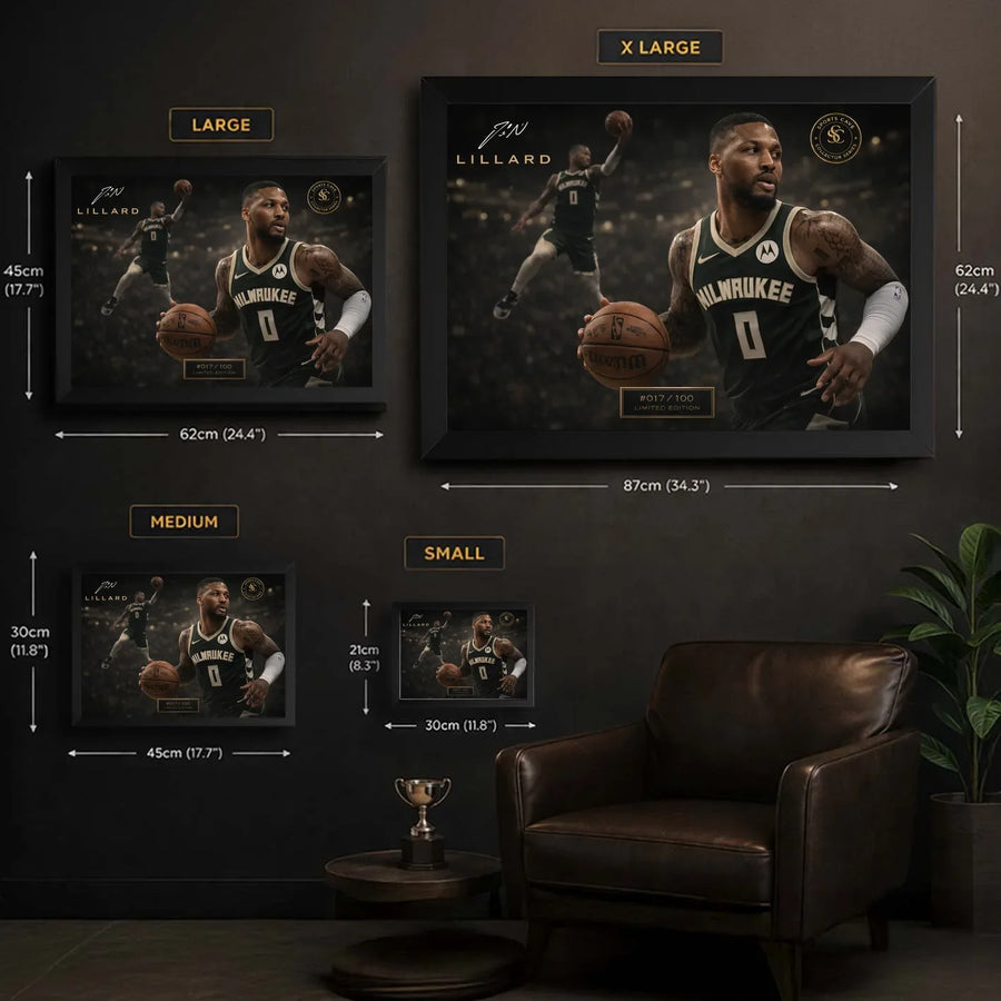 Damian Lillard Bucks wall art size chart showing framed print dimensions for each available size.