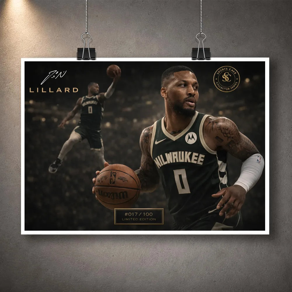 Unframed Damian Lillard Bucks NBA wall art print shown clipped on a grey wall with white border and dark arena artwork.