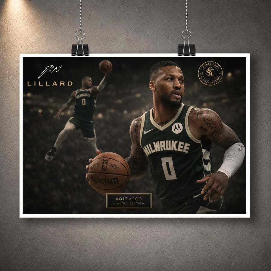 Unframed Damian Lillard Bucks NBA wall art print shown clipped on a grey wall with white border and dark arena artwork.