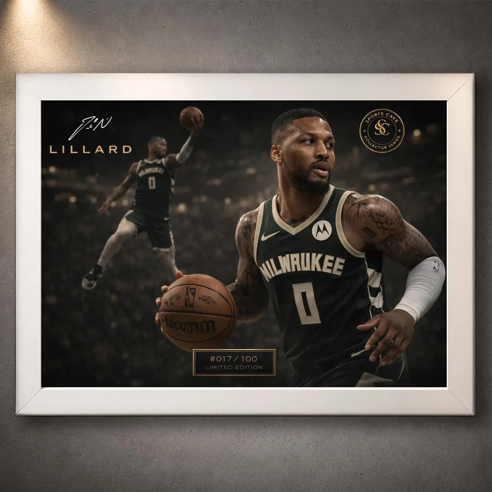 White framed Damian Lillard Bucks NBA wall art with clean bright frame contrast against the dark basketball artwork.