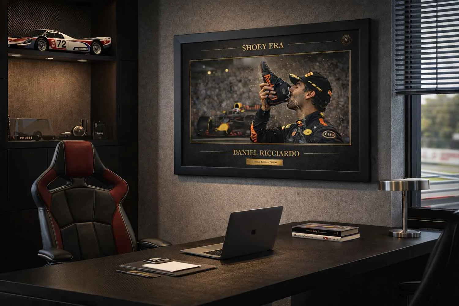Daniel Ricciardo Shoey Era framed print styled in modern executive office, man cave wall décor.
