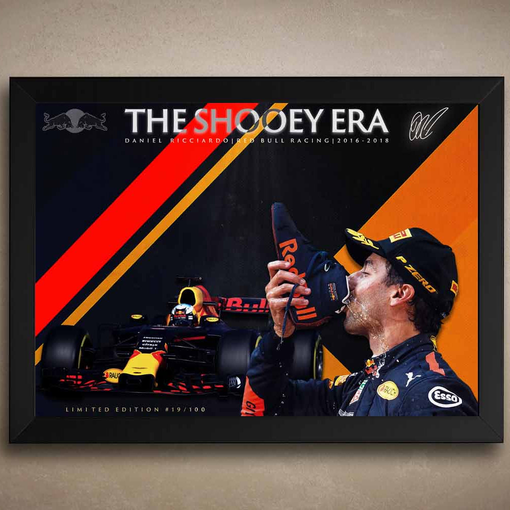 Framed sports art featuring Daniel Ricciardo's iconic shoey celebration with Red Bull Racing, a must-have limited edition sports print.