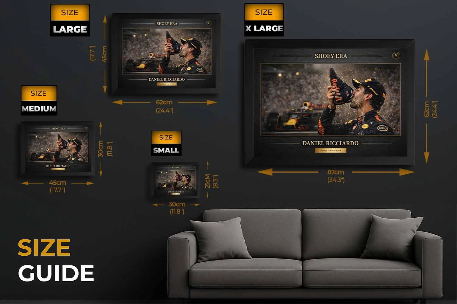 Daniel Ricciardo Shoey Era framed print size guide showing small to XL options, sports art prints.