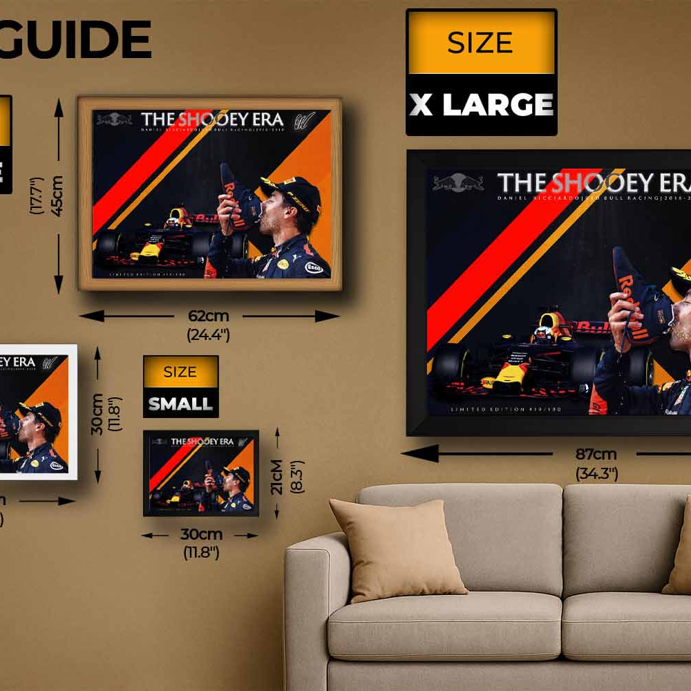 Daniel Ricciardo framed sports wall art size guide showing small to extra-large print dimensions, ideal for man cave wall décor.