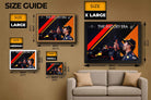 Daniel Ricciardo framed sports wall art size guide showing small to extra-large print dimensions, ideal for man cave wall décor.