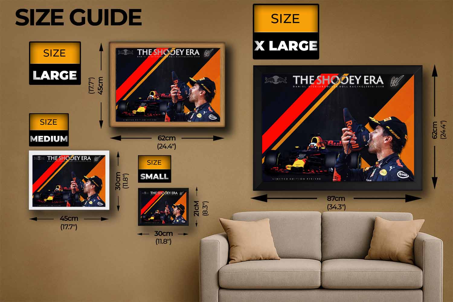 Daniel Ricciardo framed sports wall art size guide showing small to extra-large print dimensions, ideal for man cave wall décor.